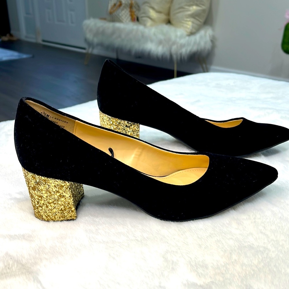 Liz Claiborne black suede heels with gold glitter details Size 7.5